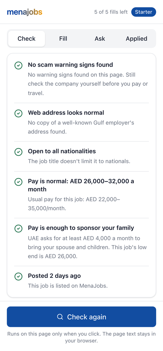 The extension's Check tab: no scam warning signs, a normal web address, open to all nationalities, normal pay and when the job was posted.