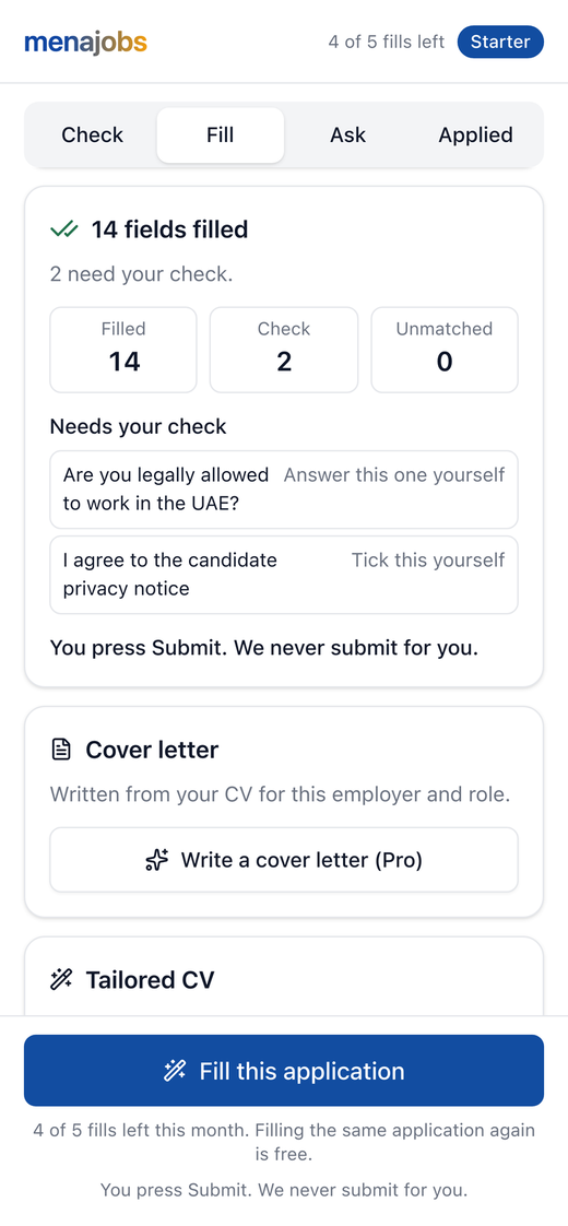 The extension's Fill tab: 14 fields filled, 2 left for you to check, and the Fill this application button.