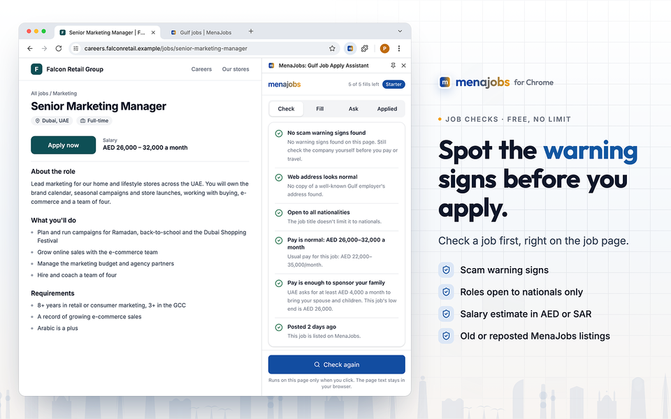 The MenaJobs extension's Check tab beside a job post, showing no scam warning signs, open to all nationalities and the usual pay for the role.