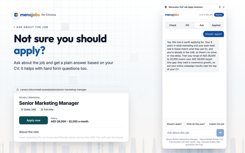 The extension's Ask tab answering 'Should I apply?' for a marketing job, based on the person's CV.