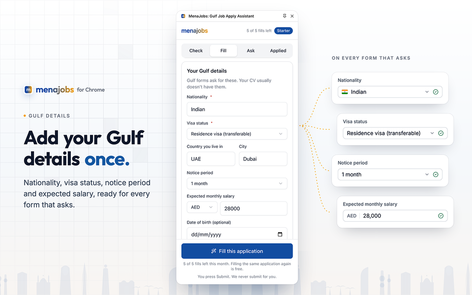 The extension's Gulf details form: nationality, visa status, country, city, notice period and expected monthly salary.
