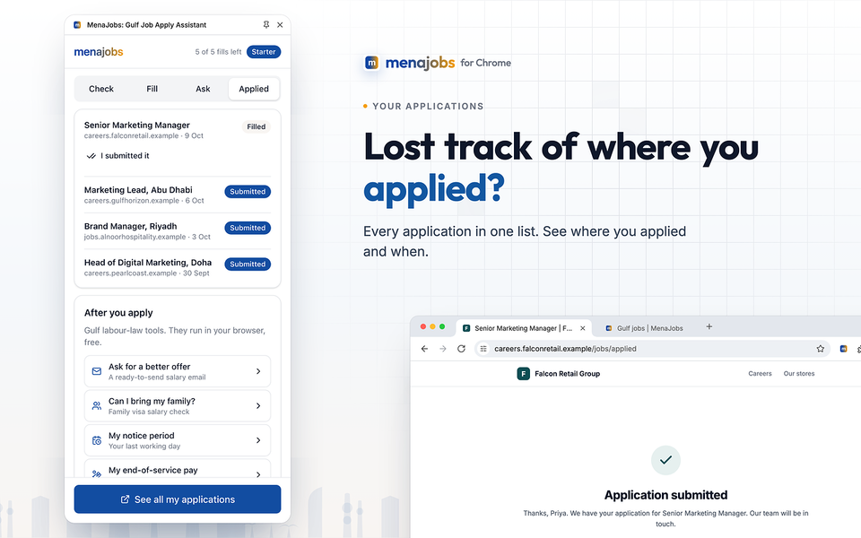 The extension's Applied tab listing four job applications with their company sites and dates.